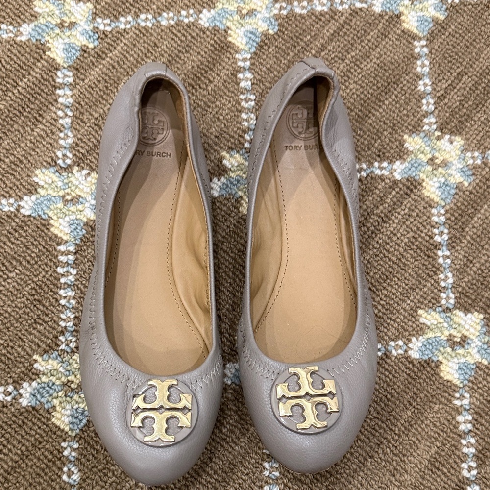 Tory Burch Taupe Ballet Flats with Logo Accent